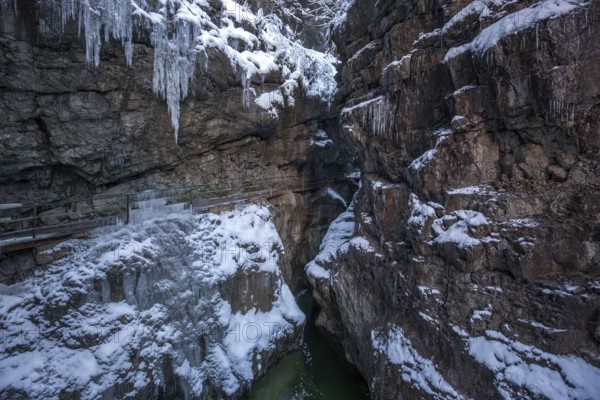 Winter, snowy landscape, icicles, hiking trail through the Breitachklamm gorge near Oberstdorf,
