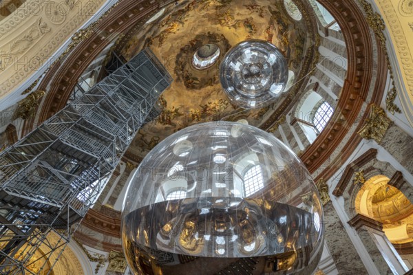Aerocene art installation with giant reflecting sphere in the baroque Karlskirche church in Vienna,