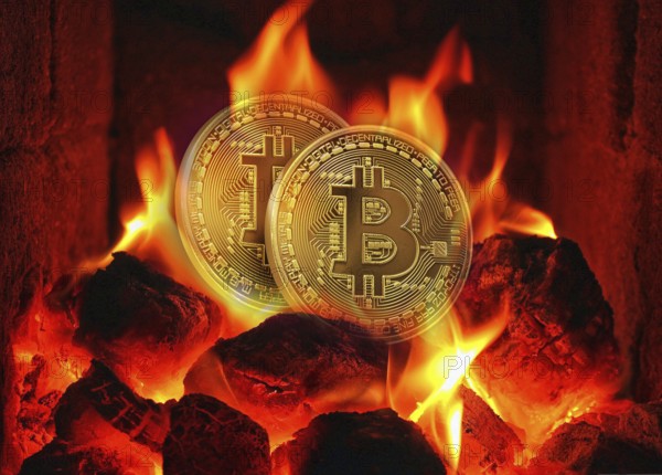 Symbolic image, Bitcoin on fire, stock market prices, insecure digital currency, resources, energy,