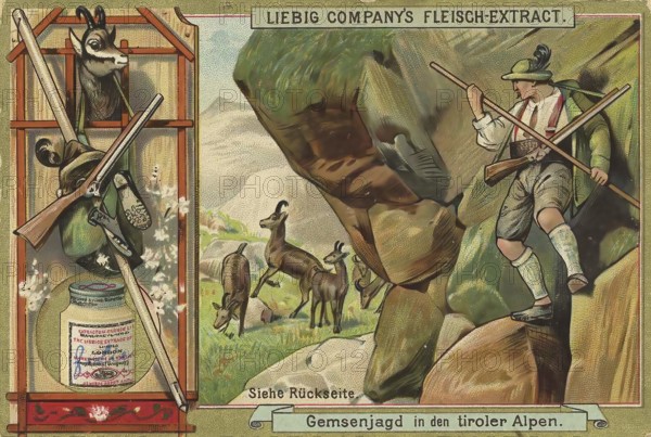 Picture series Hunting, chamois hunting, chamois hunting in the Tyrolean Alps, Liebig picture,