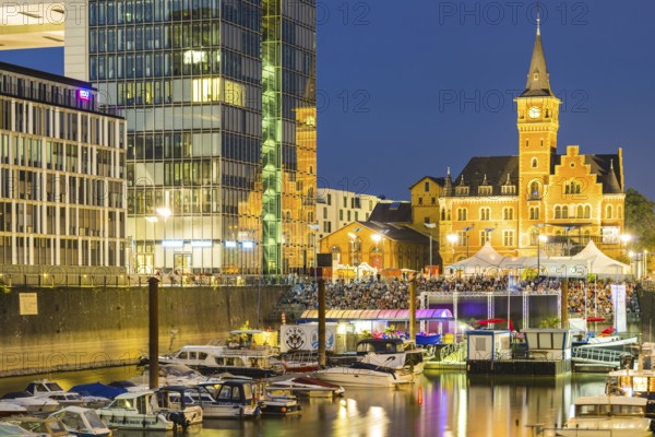 Marina, open-air cinema, crane house and former harbour office, Rheinauhafen, Cologne, North