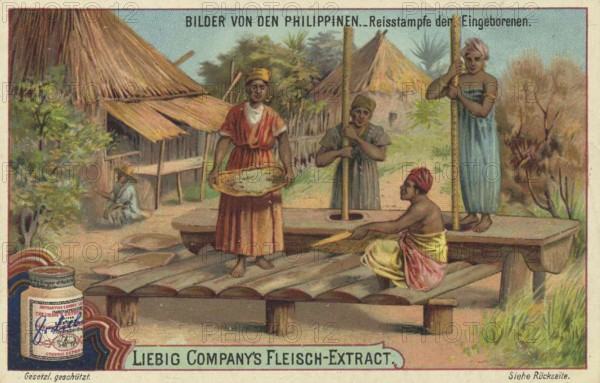Series of pictures from the Philippines, natives pounding rice, Liebig picture, digitally restored