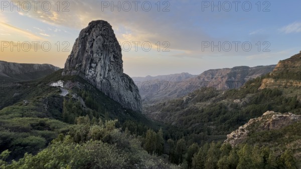 Roque de Agando rock tower at sunrise, Monumento Natural de los Roques, La Gomera, Canary Islands,