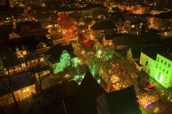Aerial view of the Christmas market on Ravensburger Platz and Wettinplatz, Coswig, Saxony, Germany,