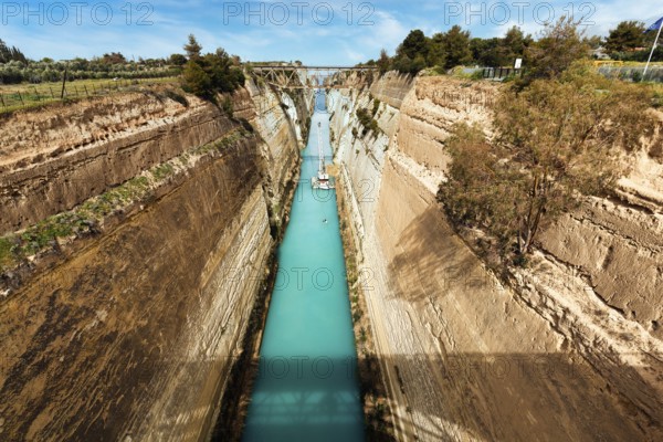 Construction work in the Corinth Canal, restoration after landslide, view of construction cranes,