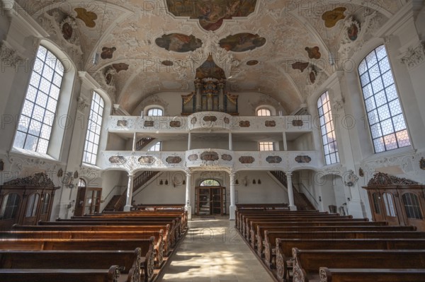 Interior with organ loft of the parish church of St. John the Baptist, built in 1475 as a Gothic