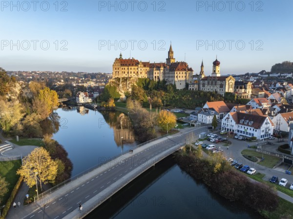 Aerial view of the town of Sigmaringen with the Hohenzollern Castle, a sight and tourist attraction