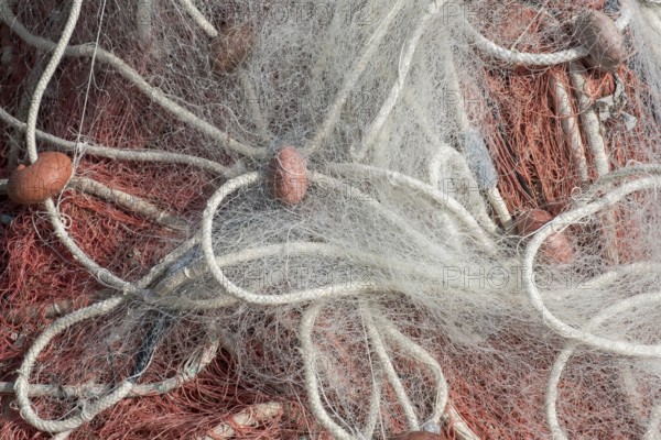 Fishing nets with ropes and floats, harbour, Santa Maria di Leuca, Apulia, Southern Italy, Italy,