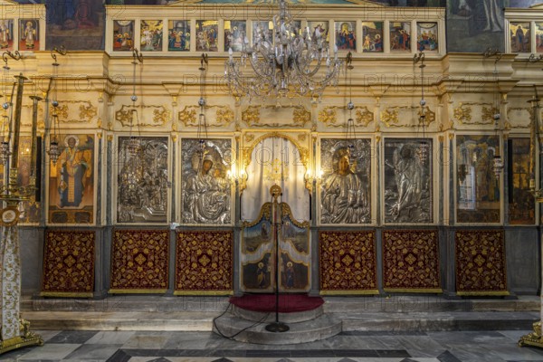 Iconostasis in the interior of the Church of St Nicholas or Agios Nikolaos in Chania, Crete,