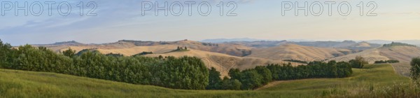 Typical Tuscan landscape in Crete Senesi with hills, trees, fields, cypresses and farm road in