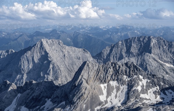 View of mountain peak of the Hochwand, Mieminger Kette, view from the summit of the Zugspitze,