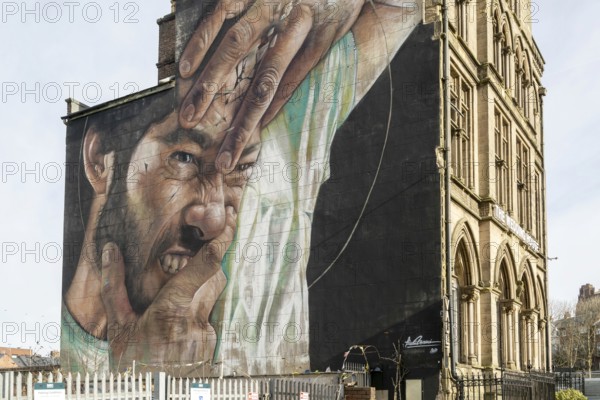'Human Search' street art mural painted by Liam Bononi, The Wedding House building, Great George
