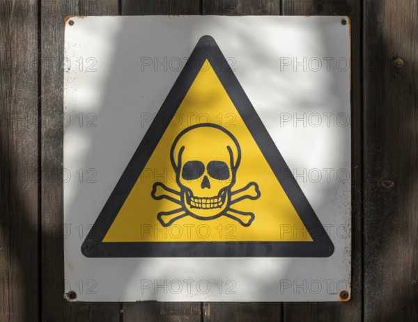 Black triangular yellow infill skull and cross bones danger of death warning sign, UK
