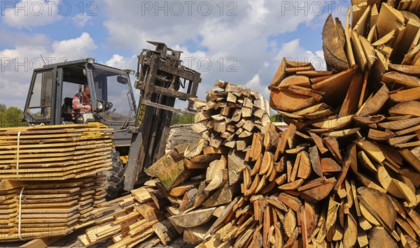 Solingen, North Rhine-Westphalia, Germany - Residual wood in the timber store of a sawmill is