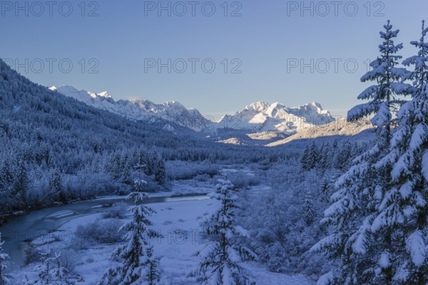Isar valley in winter at temperatures of minus 18 degrees Celsius. Snow covered landscape with the