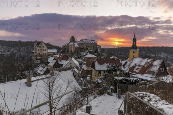 Sunset in Hohnstein, town view with castle and town church, Hohnstein, Saxon Switzerland, Saxony,