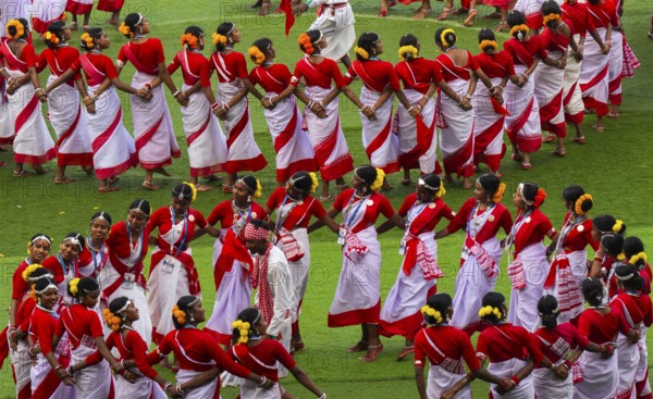 Several thousands of dancers perform traditional Jhumur dance, as they full dress rehearse on the