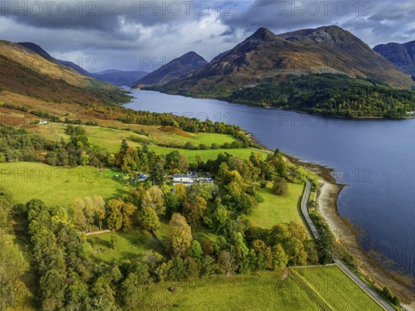 Fjord, coast, mountain landscape, cultural landscape, autumn, clouds, aerial view, Loch Leven,