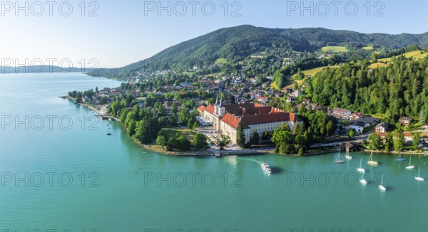 Bräustüberl and Schlosswirtschaft at Tegernsee, aerial view, Tegernsee, Bavaria, Germany, Europe