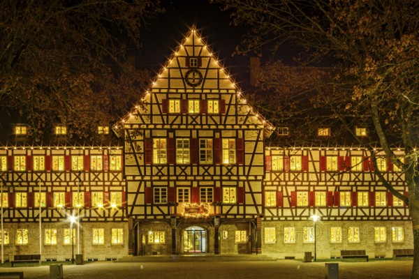 The festively decorated town hall of Münsingen at Christmas time, Swabian Alb, Reutlingen district,