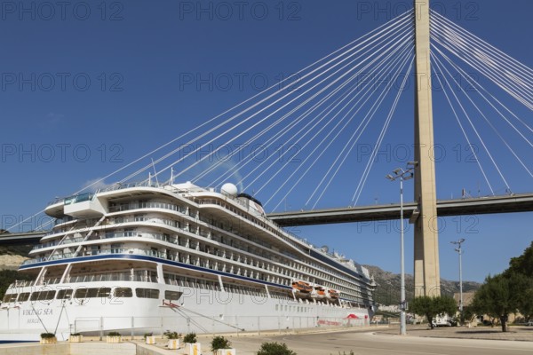 Docked Viking Sea cruise ship and Franjo Tudman bridge, Port of Gruz, Dubrovnik, Croatia, Europe