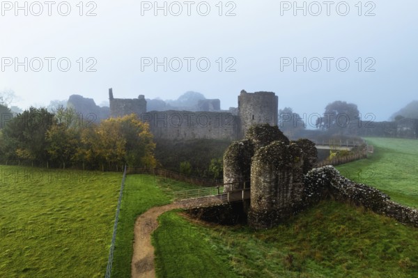 White Castle in the fog at dawn, Monmouthshire, Wales, England, United Kingdom, Europe