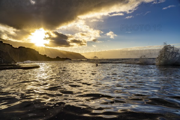 Sunset at the natural swimming pool La Maceta, El Hierro, Canary Islands, Spain, Europe