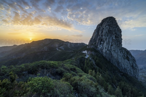 Roque de Agando rock tower at sunrise, Monumento Natural de los Roques, La Gomera, Canary Islands,