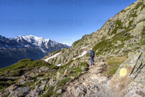 Mountaineers on a hiking trail in front of a mountain panorama, view of mountain peaks Grandes