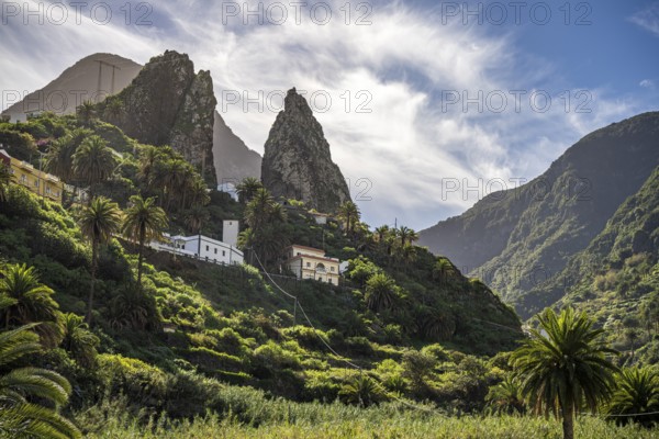 Twin rocks Roques de San Pedro, landmark of Hermigua, La Gomera, Canary Islands, Spain, Europe