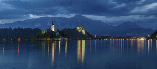 Castle and St Mary's Island with St Mary's Church, Lake Bled, Bled, Slovenia, Europe