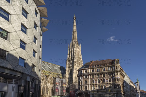 St Stephen's Cathedral and Haus Zum goldenen Becher in Vienna, Austria, Europe