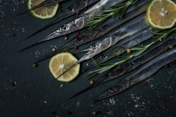 Fresh, Black Sea fish. raw, sargan, sea pike, top view, no people