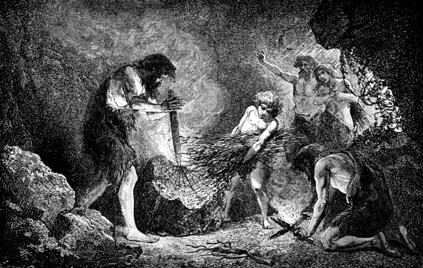Creation of fire by friction, stick made of wood and thin branches, animal skins as clothing,