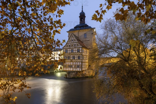 The old town hall on the river Regnitz, Blue Hour, Bamberg, Upper Franconia, Bavaria, Germany,