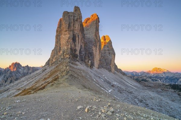Three Peaks in the morning light, summit glow, Forcella Lavaredo, Sesto Dolomites, South Tyrol,