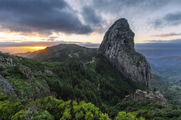 View of the Roque de Agando rock tower, one of La Gomera's landmarks, from the Mirador Roque de
