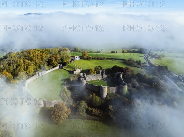 White Castle in the fog at dawn, Monmouthshire, Wales, England, United Kingdom, Europe