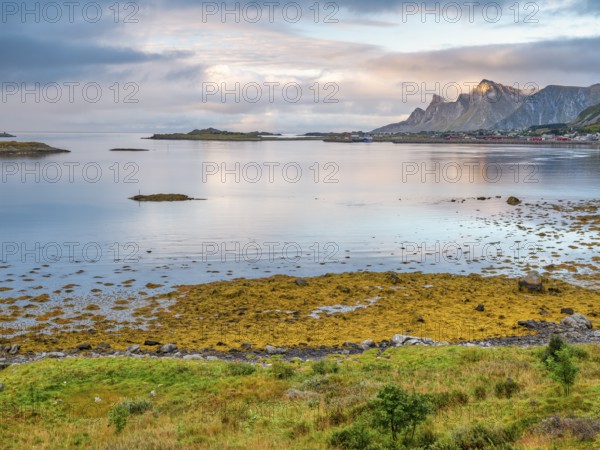 View towards Ramberg and the surrounding mountains, Arctic Ocean, Autumn, Lofoten, Norway, Europe