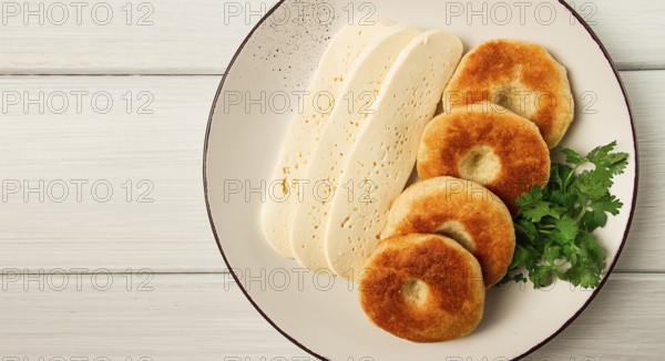 Mchadi, corn tortillas, traditional Georgian dish, corn bread, with Imeretian cheese, homemade, no