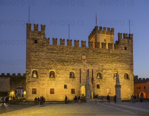 Main square with castle at dusk, Marostica, Province of Vicenza, Italy, Europe