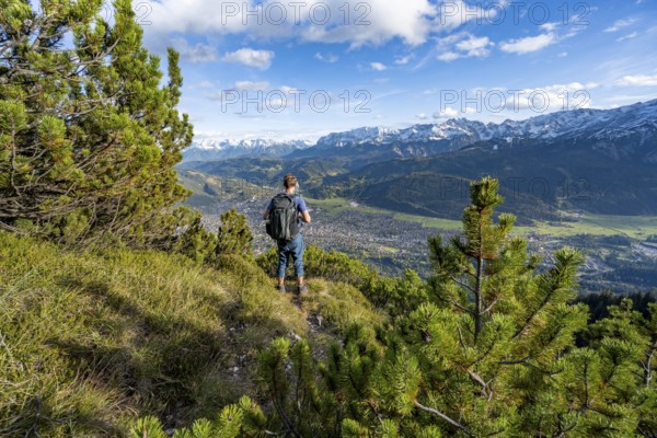 Mountaineer on a narrow hiking trail between mountain pines, view of Garmisch-Partenkirchen and