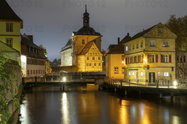 The old town hall on the river Regnitz, Blue Hour, Bamberg, Upper Franconia, Bavaria, Germany,