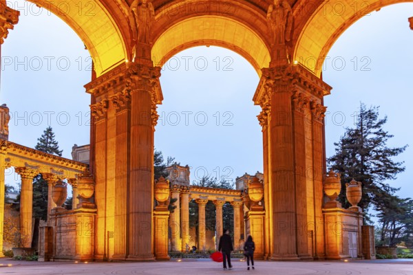 The illuminated Palace of Fine Arts in the Marina District in San Francisco at night, California,