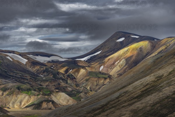 Rhyolite mountains, volcanic landscape, colourful erosion landscape with mountains,