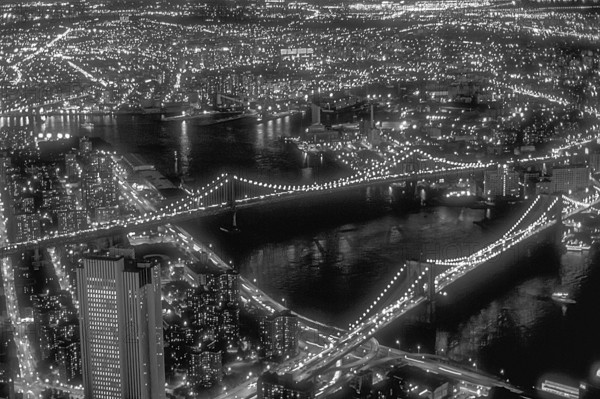 View from the former World Trade Center at night over Brooklyn, East River, Brooklyn Bridge and