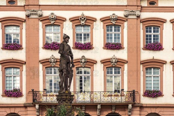 Knight on the Röhrbrunnen fountain in front of the town hall Gengenbach, Black Forest,