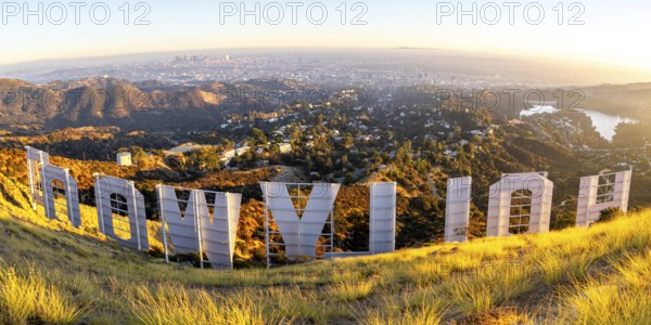 Hollywood Sign sign on Mount Lee Panorama with a view of Los Angeles, USA, North America