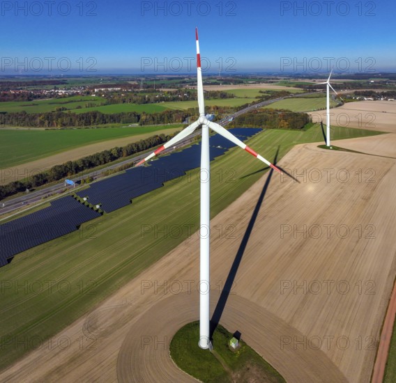 Glauchau, Saxony, Germany, Wind turbines, wind farm and solar farm on the A4 motorway near