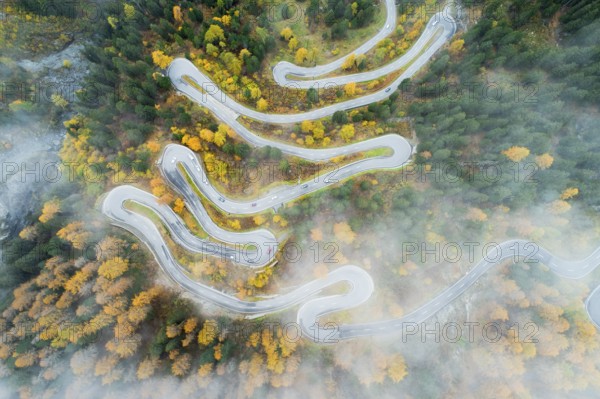 Aerial view of traffic on the Maloja Pass road with its numerous hairpin bends, Canton of